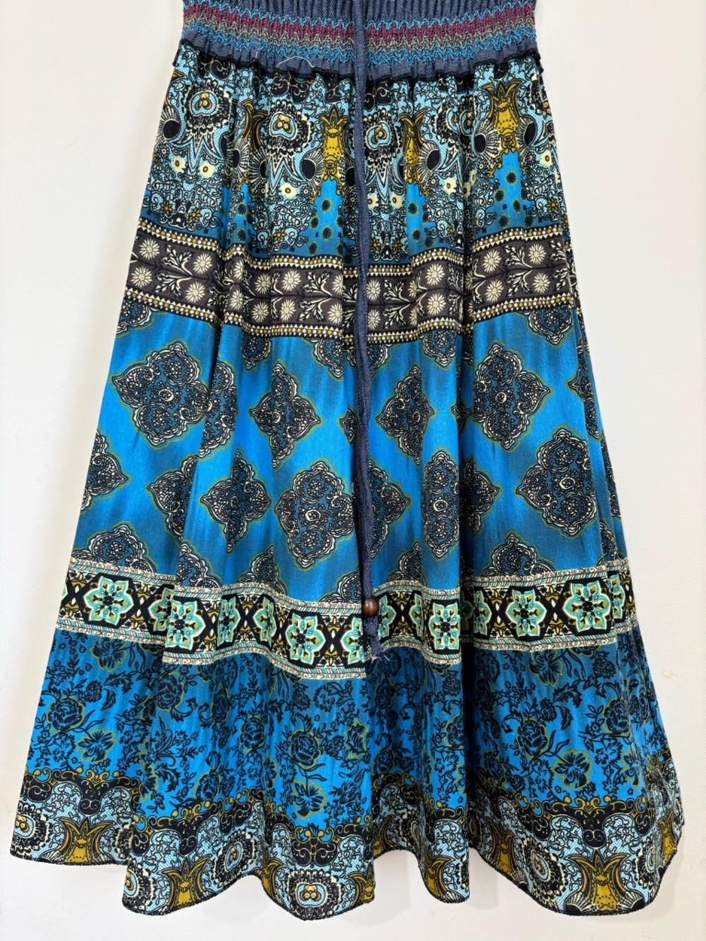 NEW Y2K boho cottage ethnic print smoked high rise pleated A-line Midi Skirt XS - Picture 12 of 16